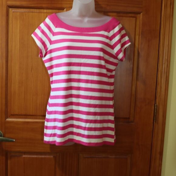 Dress Barn Pink & White Striped Boat Neck Shirt Top Blouse LG - Picture 2 of 8